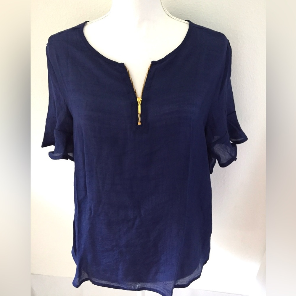 NWT Harve Benard Navy Blue Gold Zip Ruffle Sleeve Blouse Medium